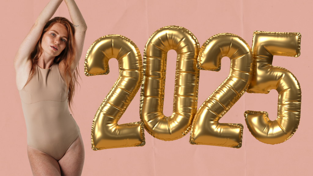 girl in a swim suit with 2025 balloons